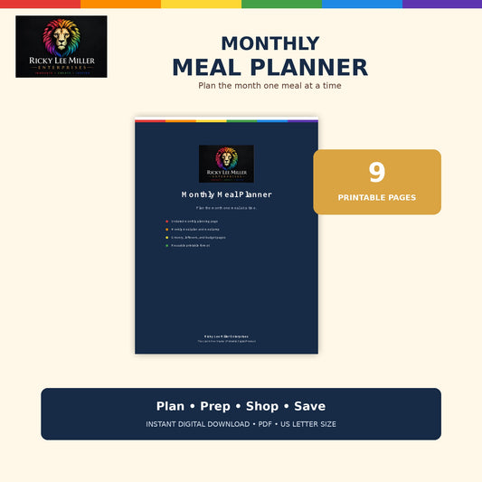 Monthly Meal Planning and Prep Workbook, nine-page printable PDF by Ricky Lee Miller Enterprises
