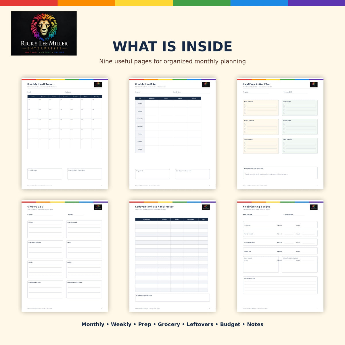 Pages included in the Monthly Meal Planning and Prep Workbook printable PDF
