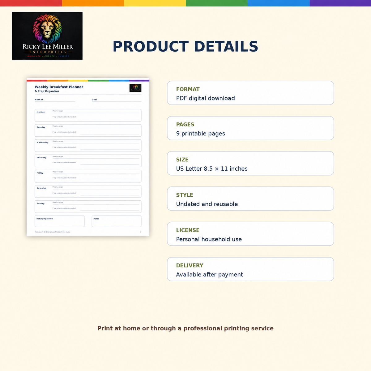 Digital download details for the RLME Weekly Breakfast Planner