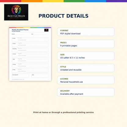 Digital download details for the RLME Weekly Breakfast Planner