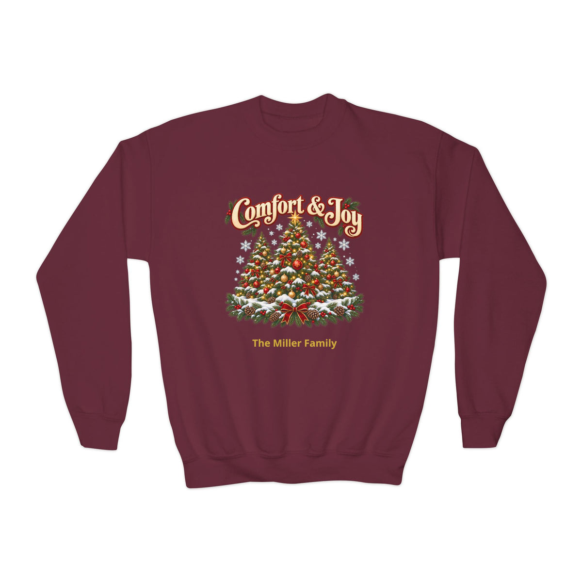 Personalized Comfort and Joy Christmas Youth Sweatshirt, Family Name Holiday Crewneck, Matching Family Christmas Trees