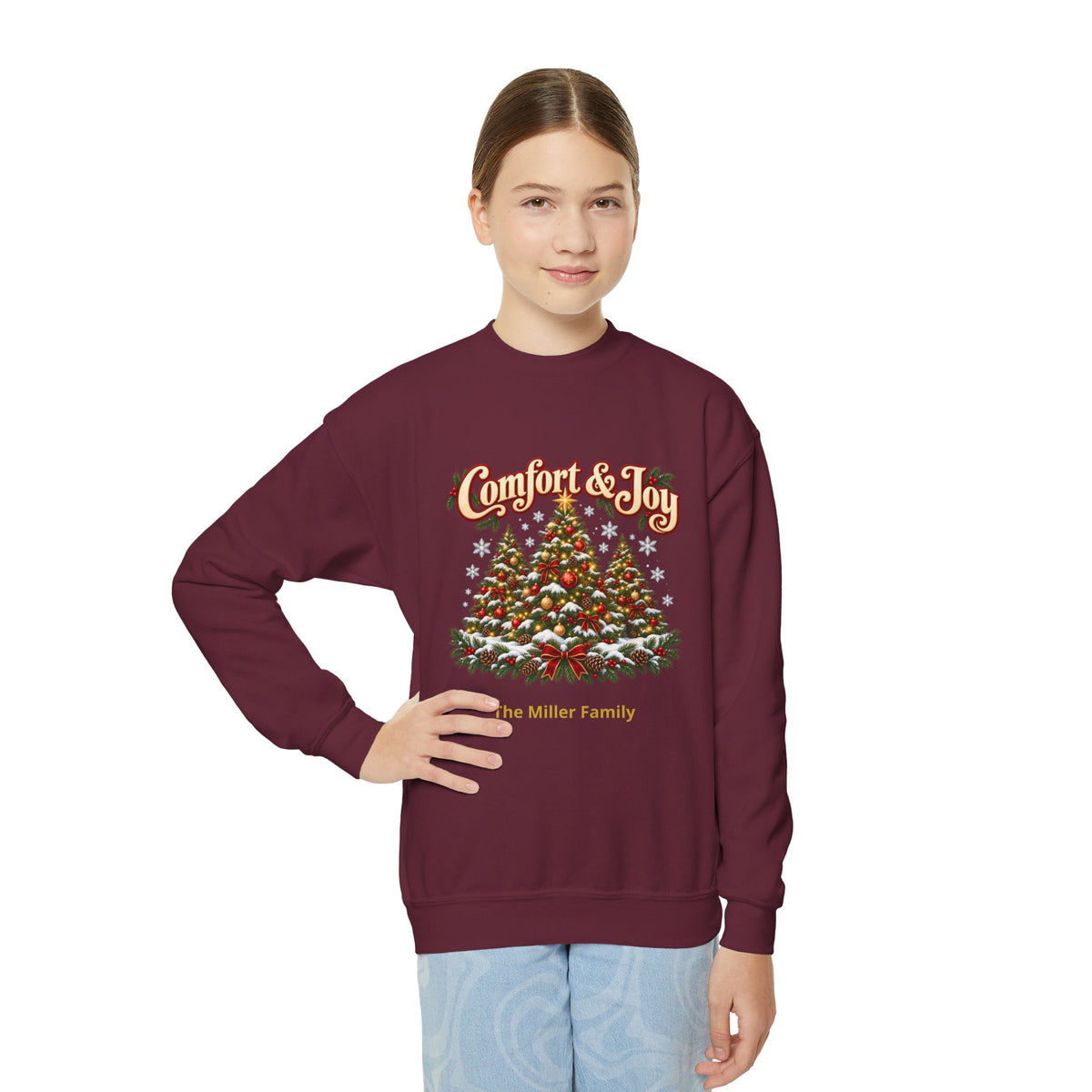 Personalized Comfort and Joy Christmas Youth Sweatshirt, Family Name Holiday Crewneck, Matching Family Christmas Trees