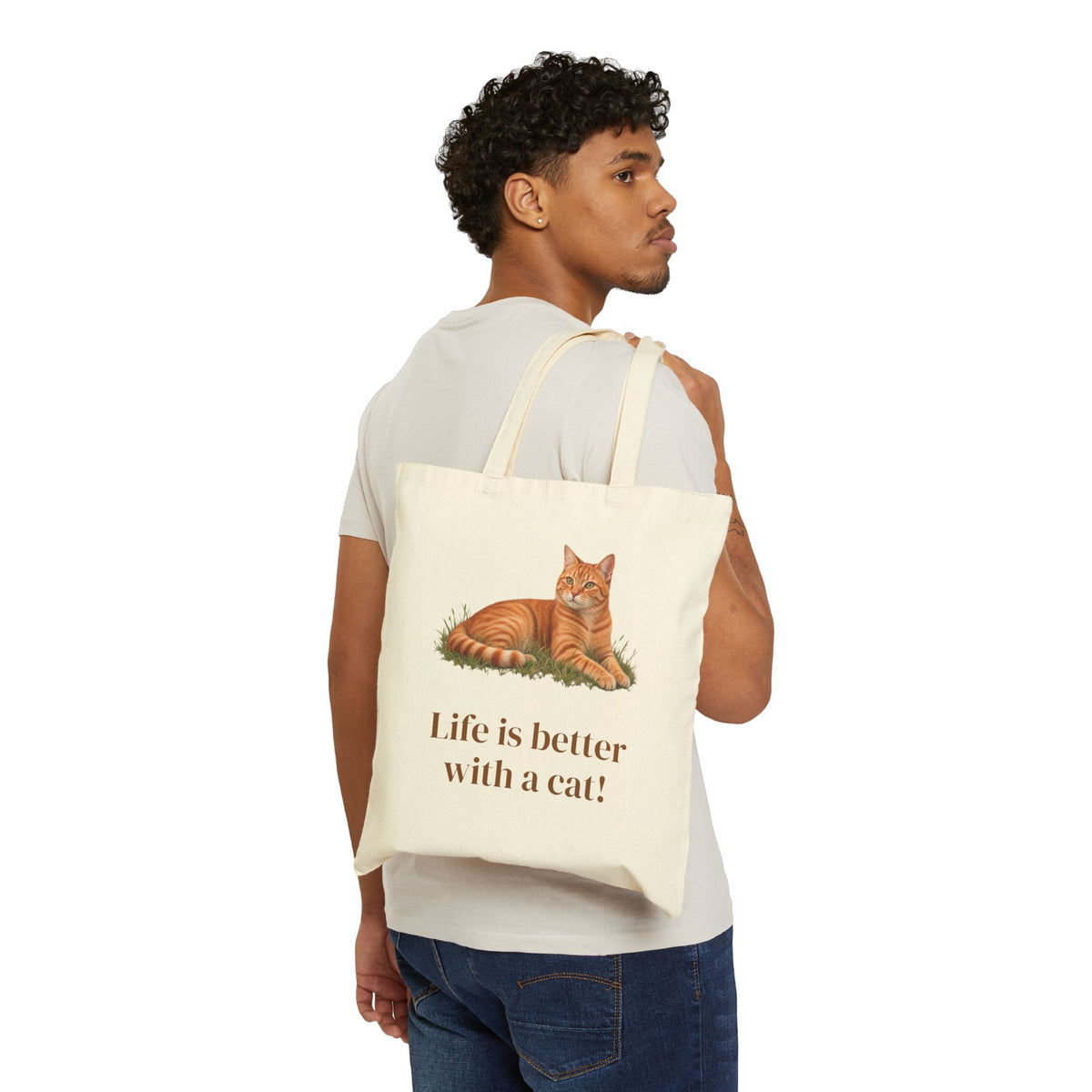 Peeking Cat Canvas Tote Bag | Cute Orange Tabby Everyday Carryall