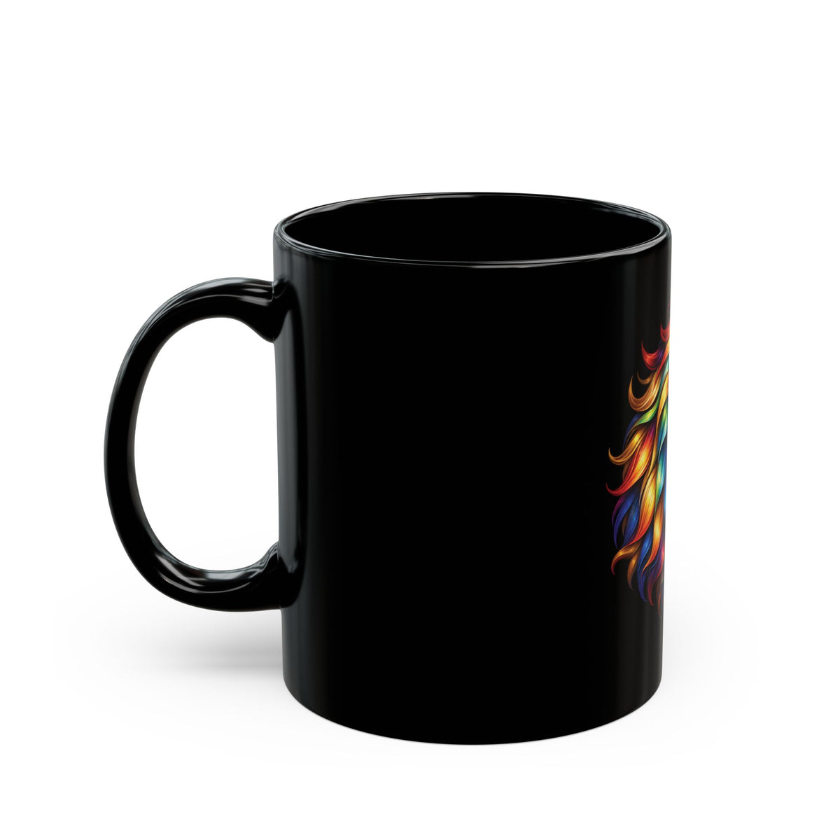 Replace the title with: Rainbow Lion Black Mug, 11oz | Colorful Mane Coffee & Tea Cup