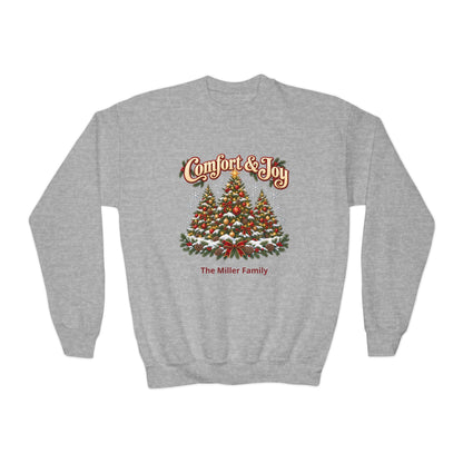 Personalized Comfort and Joy Christmas Youth Sweatshirt, Family Name Holiday Crewneck, Matching Family Christmas Trees