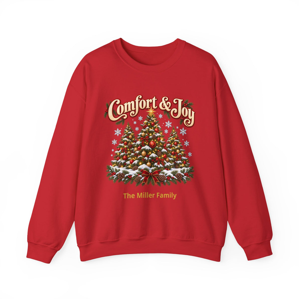 Personalized Comfort and Joy Christmas Sweatshirt, Family Name Holiday Crewneck, Matching Family Christmas Trees