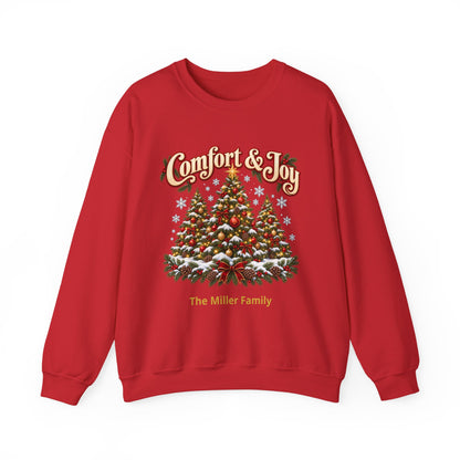Personalized Comfort and Joy Christmas Sweatshirt, Family Name Holiday Crewneck, Matching Family Christmas Trees