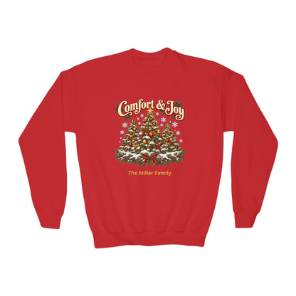 Personalized Comfort and Joy Christmas Youth Sweatshirt, Family Name Holiday Crewneck, Matching Family Christmas Trees