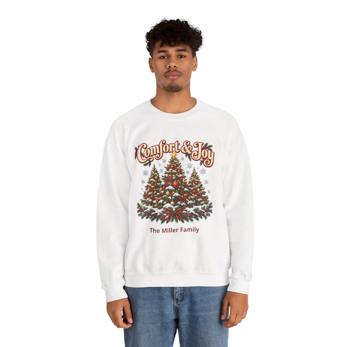 Personalized Comfort and Joy Christmas Sweatshirt, Family Name Holiday Crewneck, Matching Family Christmas Trees