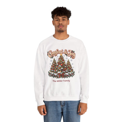 Personalized Comfort and Joy Christmas Sweatshirt, Family Name Holiday Crewneck, Matching Family Christmas Trees