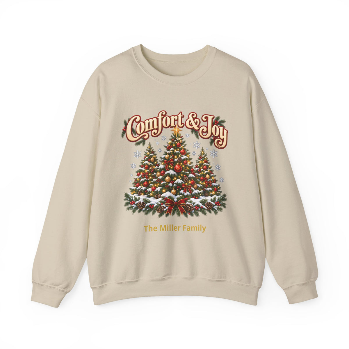 Personalized Comfort and Joy Christmas Sweatshirt, Family Name Holiday Crewneck, Matching Family Christmas Trees