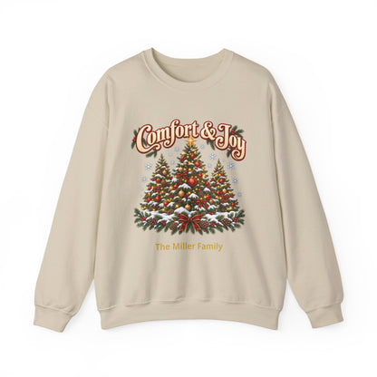 Personalized Comfort and Joy Christmas Sweatshirt, Family Name Holiday Crewneck, Matching Family Christmas Trees