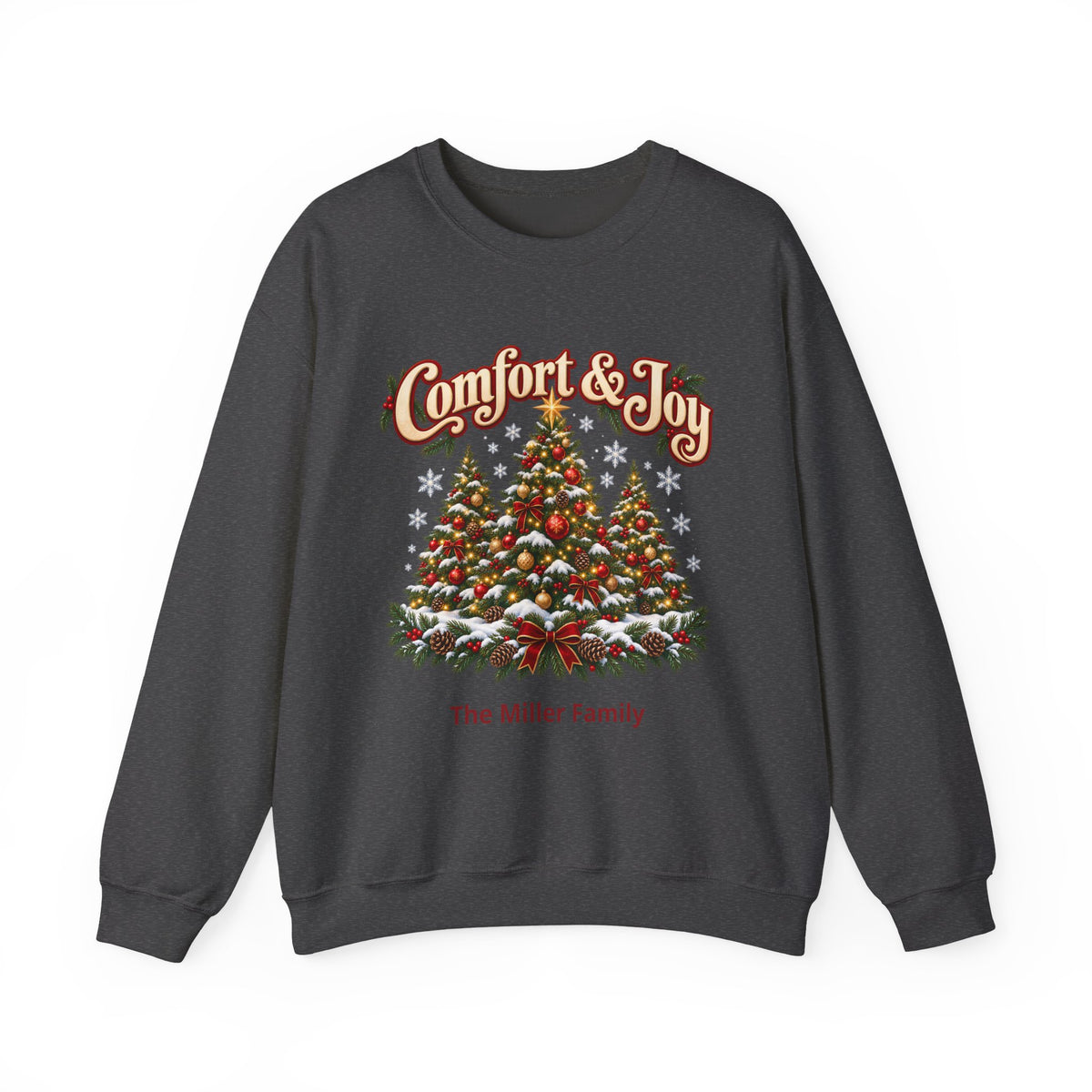 Personalized Comfort and Joy Christmas Sweatshirt, Family Name Holiday Crewneck, Matching Family Christmas Trees