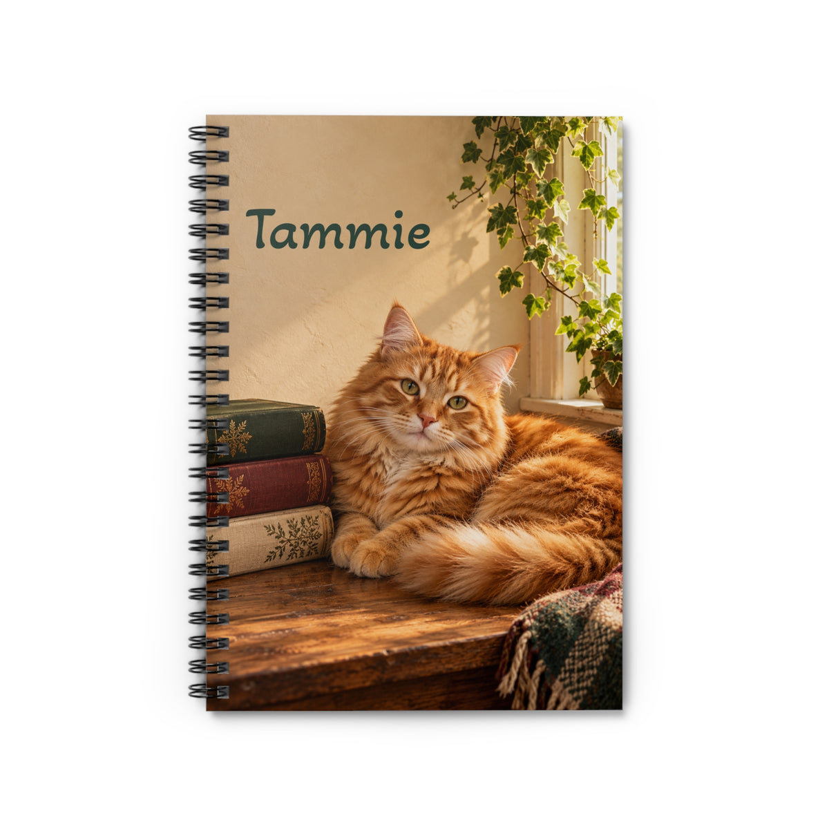 Personalized Cat Spiral Notebook | Orange Tabby & Books | Lined, 6 × 8