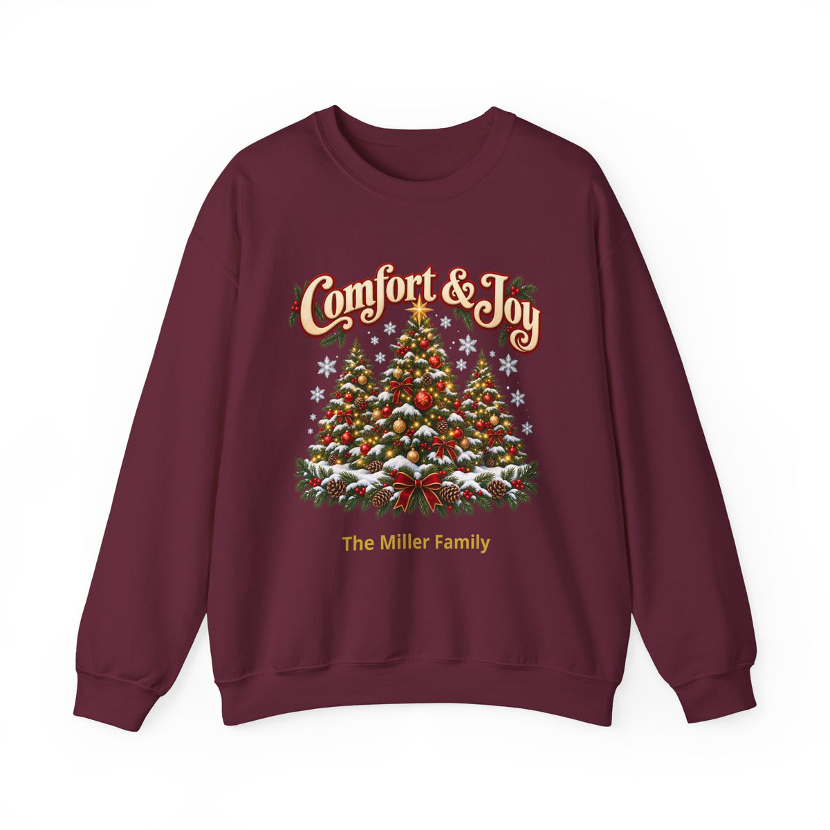 Personalized Comfort and Joy Christmas Sweatshirt, Family Name Holiday Crewneck, Matching Family Christmas Trees