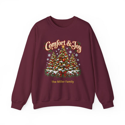 Personalized Comfort and Joy Christmas Sweatshirt, Family Name Holiday Crewneck, Matching Family Christmas Trees
