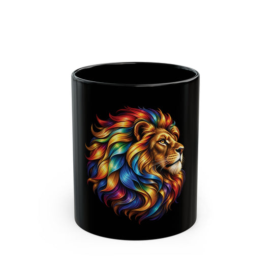 Replace the title with: Rainbow Lion Black Mug, 11oz | Colorful Mane Coffee & Tea Cup