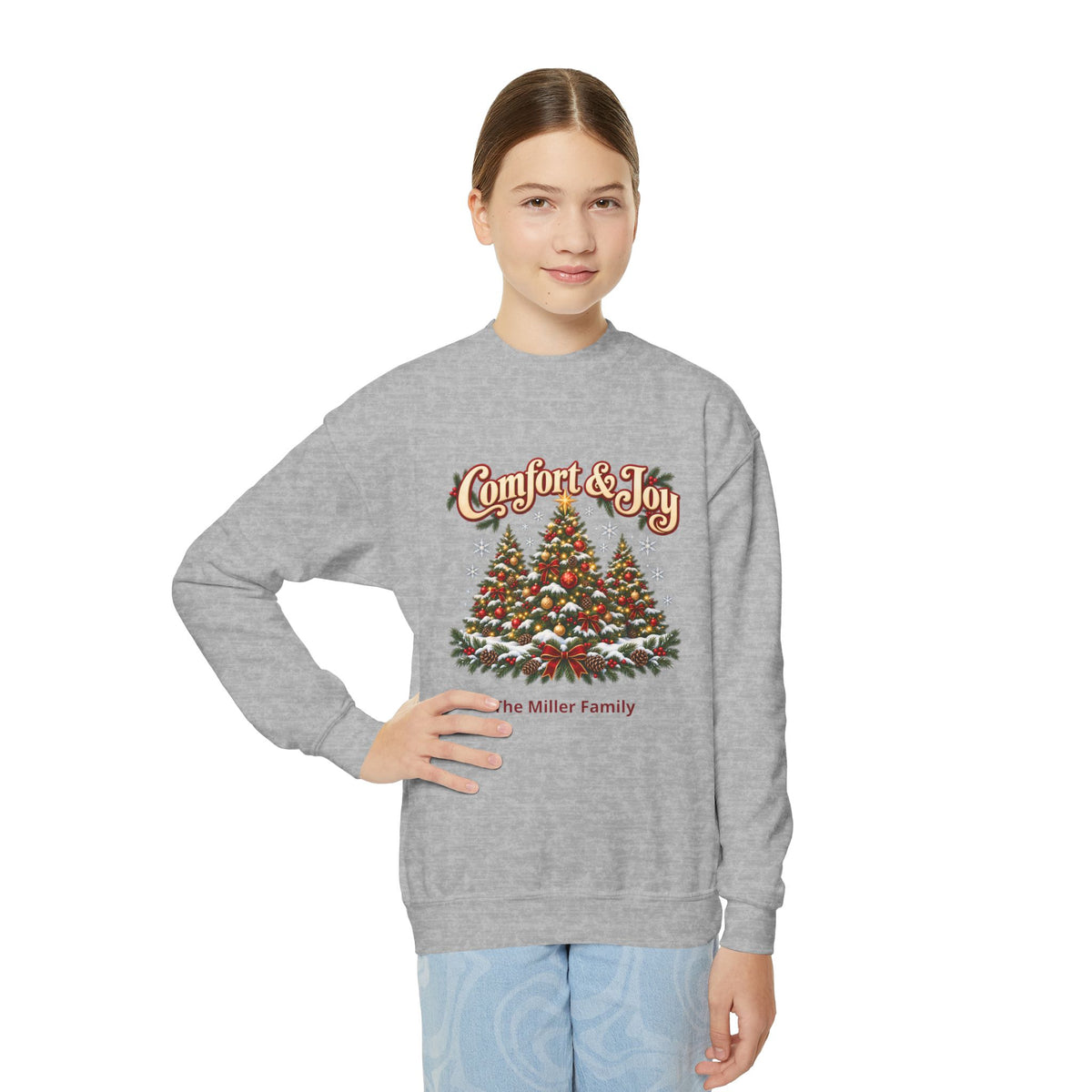 Personalized Comfort and Joy Christmas Youth Sweatshirt, Family Name Holiday Crewneck, Matching Family Christmas Trees