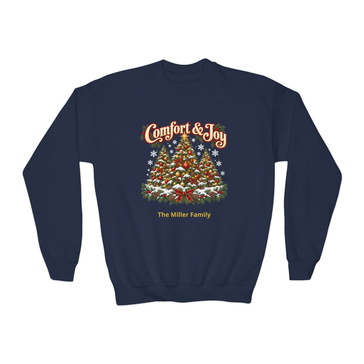 Personalized Comfort and Joy Christmas Youth Sweatshirt, Family Name Holiday Crewneck, Matching Family Christmas Trees