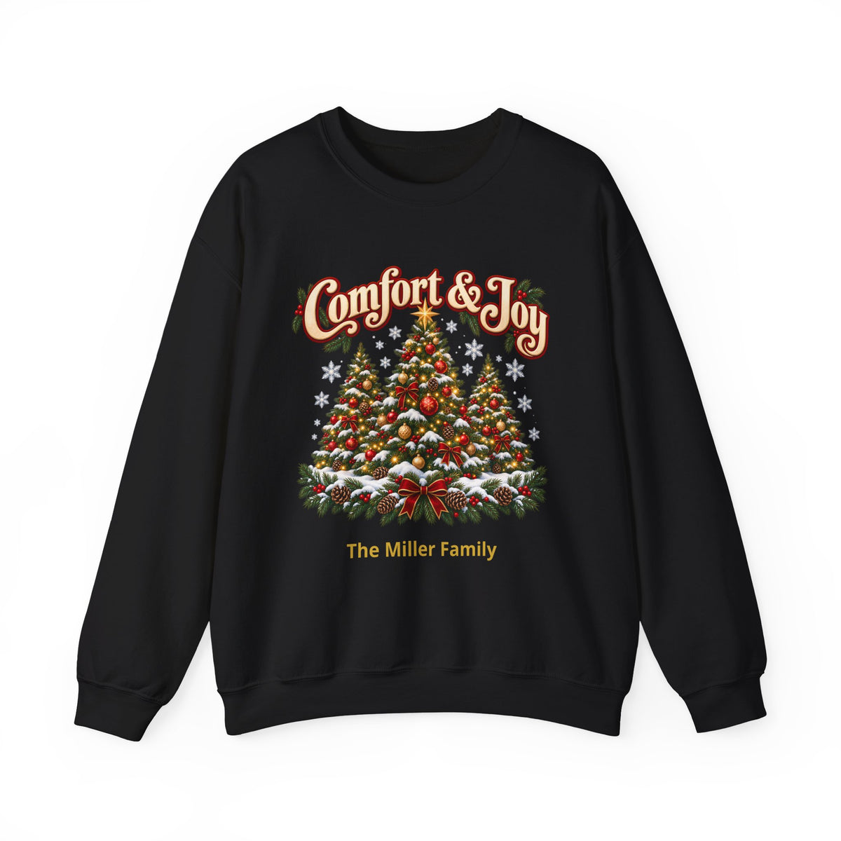 Personalized Comfort and Joy Christmas Sweatshirt, Family Name Holiday Crewneck, Matching Family Christmas Trees