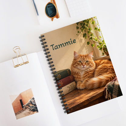 Personalized Cat Spiral Notebook | Orange Tabby & Books | Lined, 6 × 8