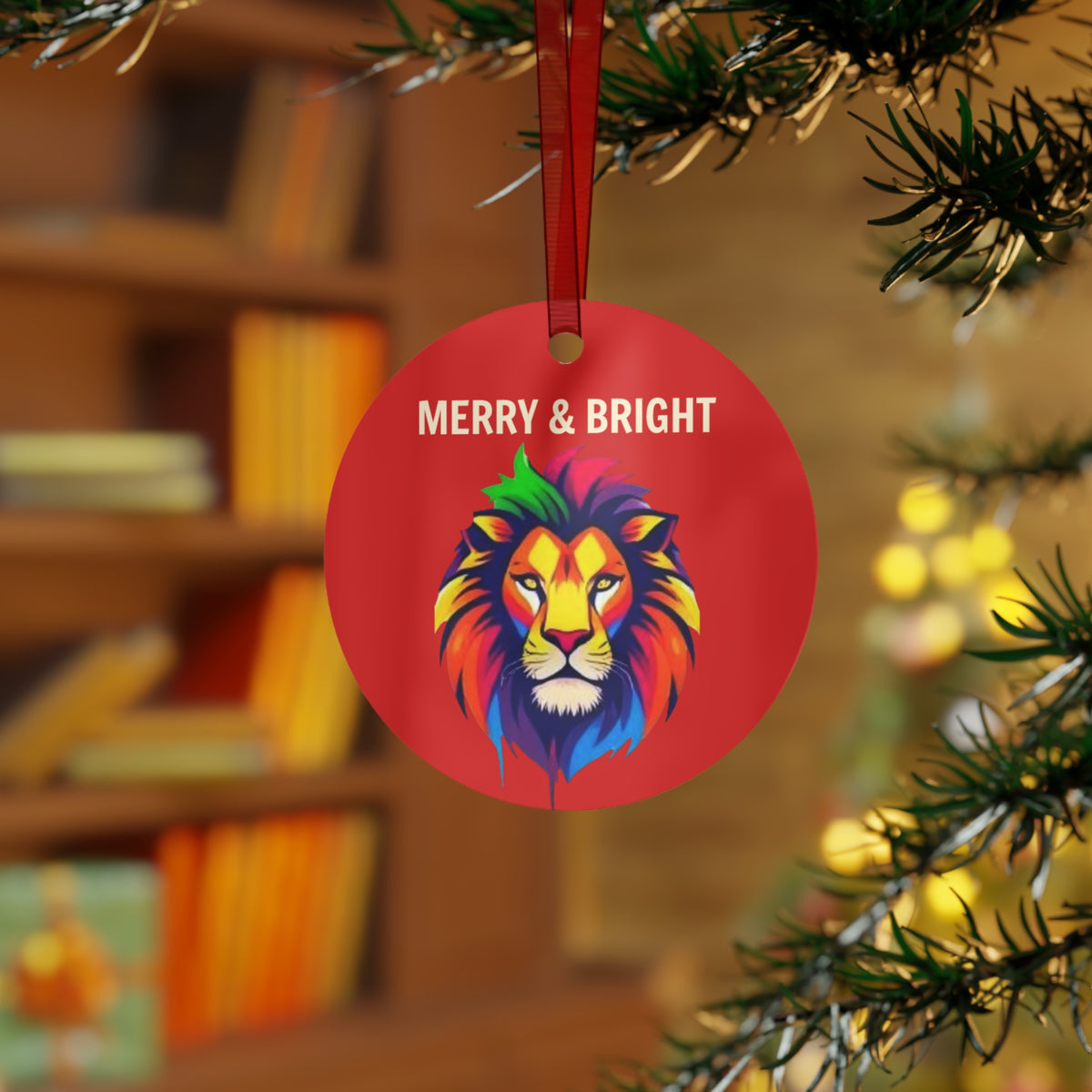 Merry & Bright Rainbow Lion Metal Christmas Ornament