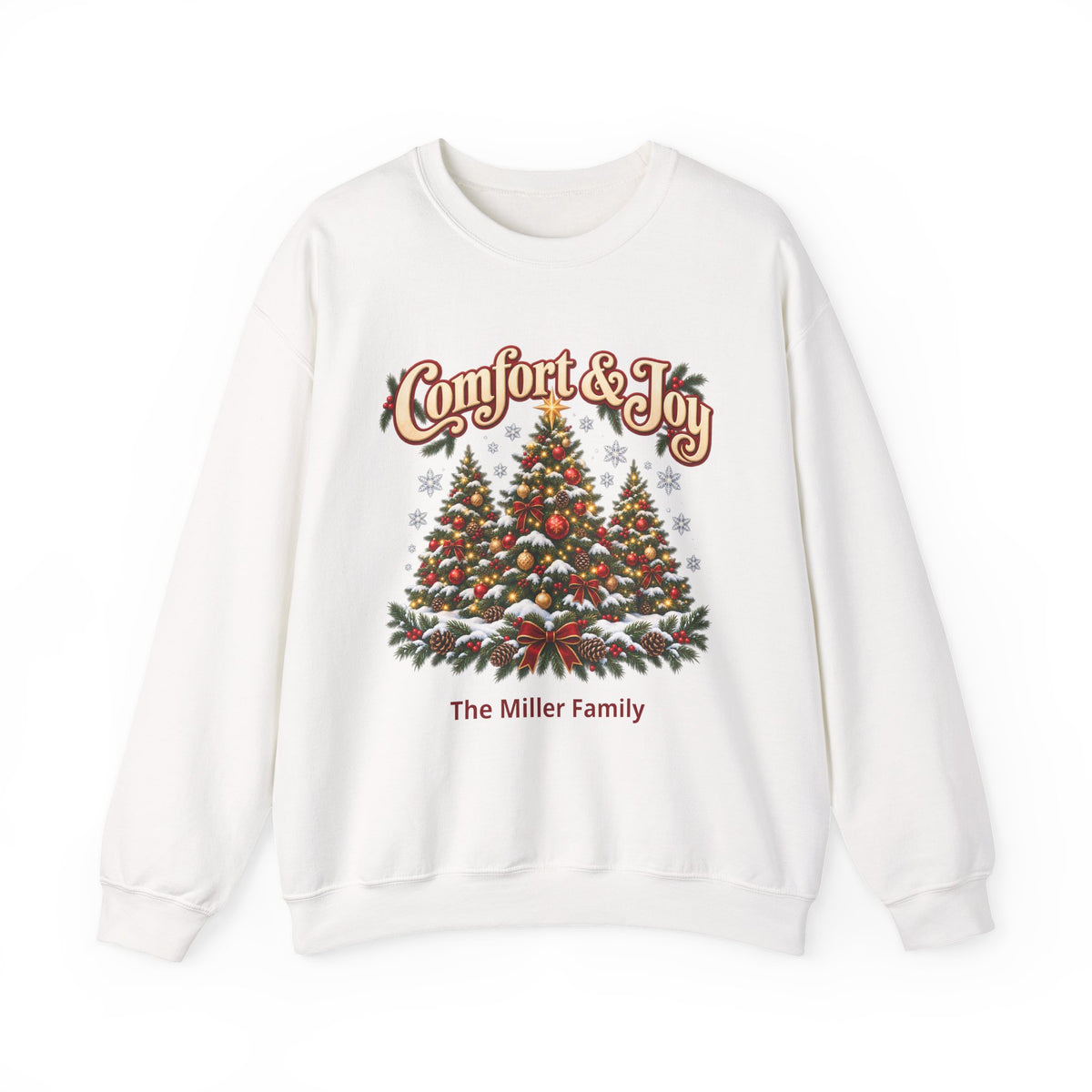 Personalized Comfort and Joy Christmas Sweatshirt, Family Name Holiday Crewneck, Matching Family Christmas Trees