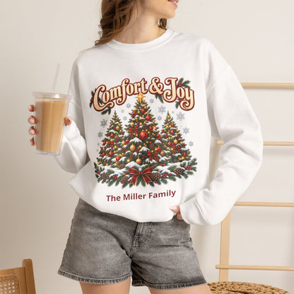 Personalized Comfort and Joy Christmas Sweatshirt, Family Name Holiday Crewneck, Matching Family Christmas Trees
