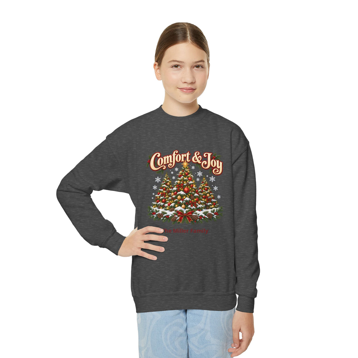 Personalized Comfort and Joy Christmas Youth Sweatshirt, Family Name Holiday Crewneck, Matching Family Christmas Trees