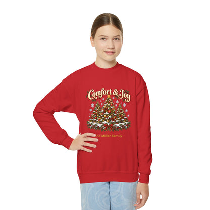 Personalized Comfort and Joy Christmas Youth Sweatshirt, Family Name Holiday Crewneck, Matching Family Christmas Trees