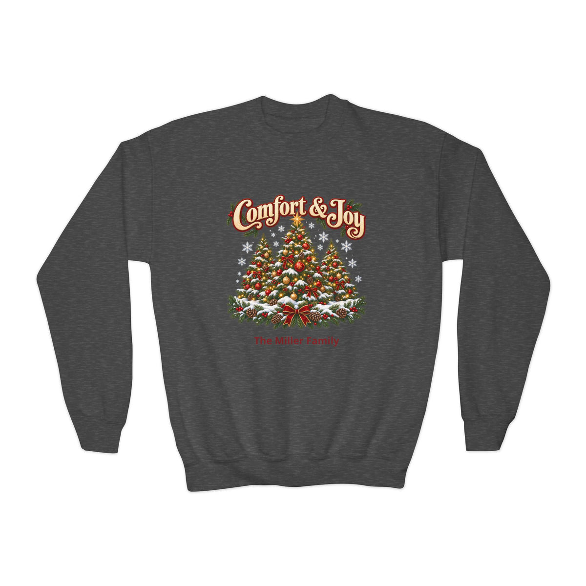 Personalized Comfort and Joy Christmas Youth Sweatshirt, Family Name Holiday Crewneck, Matching Family Christmas Trees