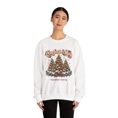 Personalized Comfort and Joy Christmas Sweatshirt, Family Name Holiday Crewneck, Matching Family Christmas Trees