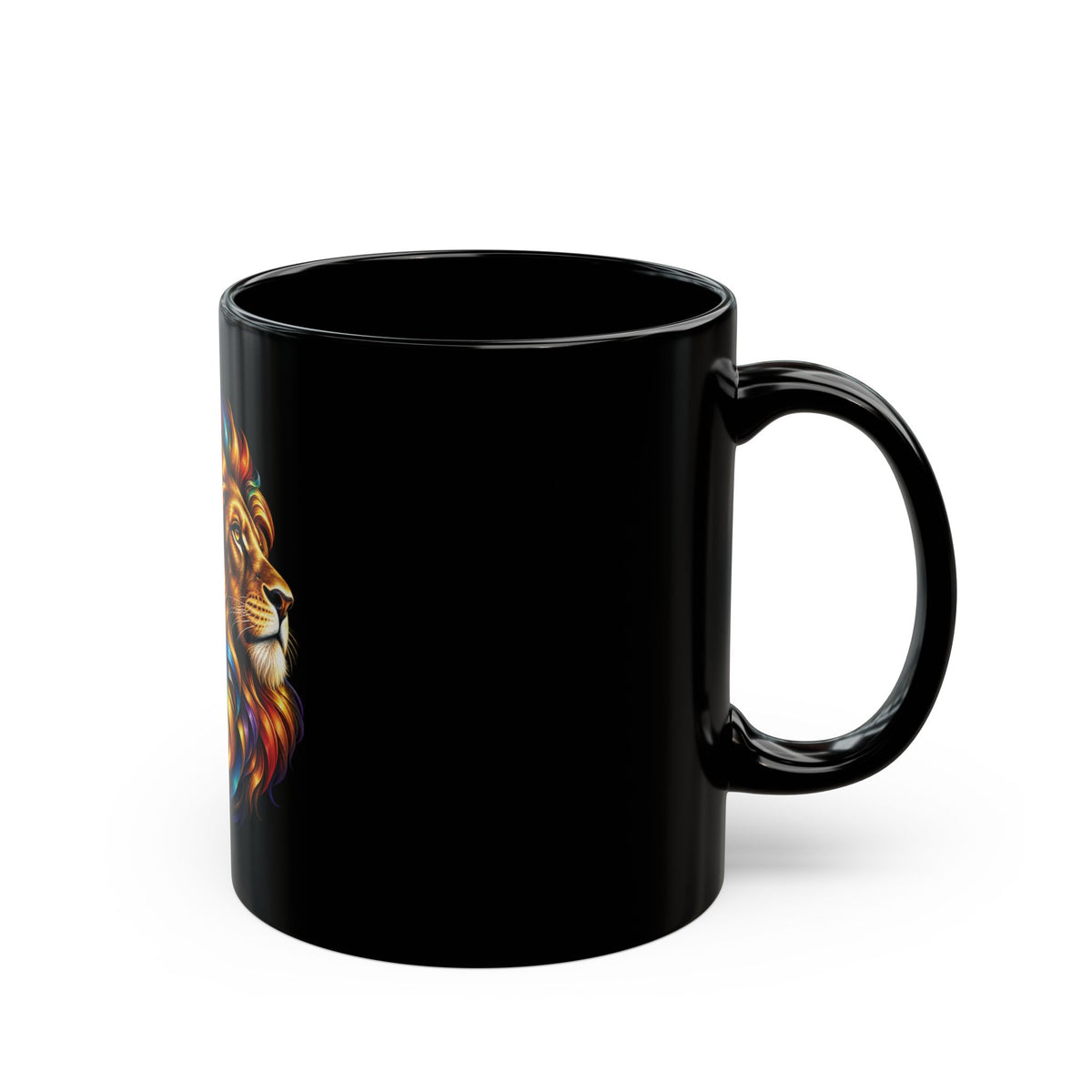 Replace the title with: Rainbow Lion Black Mug, 11oz | Colorful Mane Coffee & Tea Cup