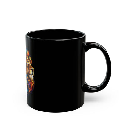 Replace the title with: Rainbow Lion Black Mug, 11oz | Colorful Mane Coffee & Tea Cup