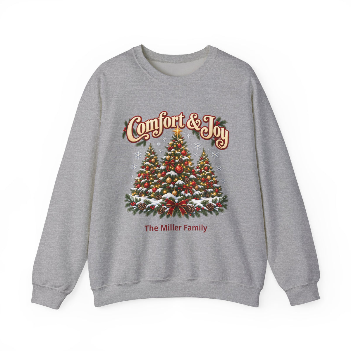 Personalized Comfort and Joy Christmas Sweatshirt, Family Name Holiday Crewneck, Matching Family Christmas Trees