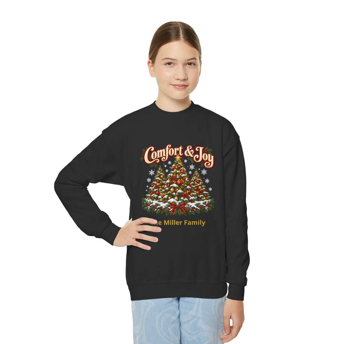 Personalized Comfort and Joy Christmas Youth Sweatshirt, Family Name Holiday Crewneck, Matching Family Christmas Trees