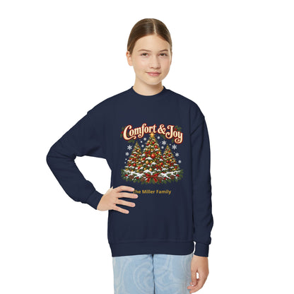 Personalized Comfort and Joy Christmas Youth Sweatshirt, Family Name Holiday Crewneck, Matching Family Christmas Trees