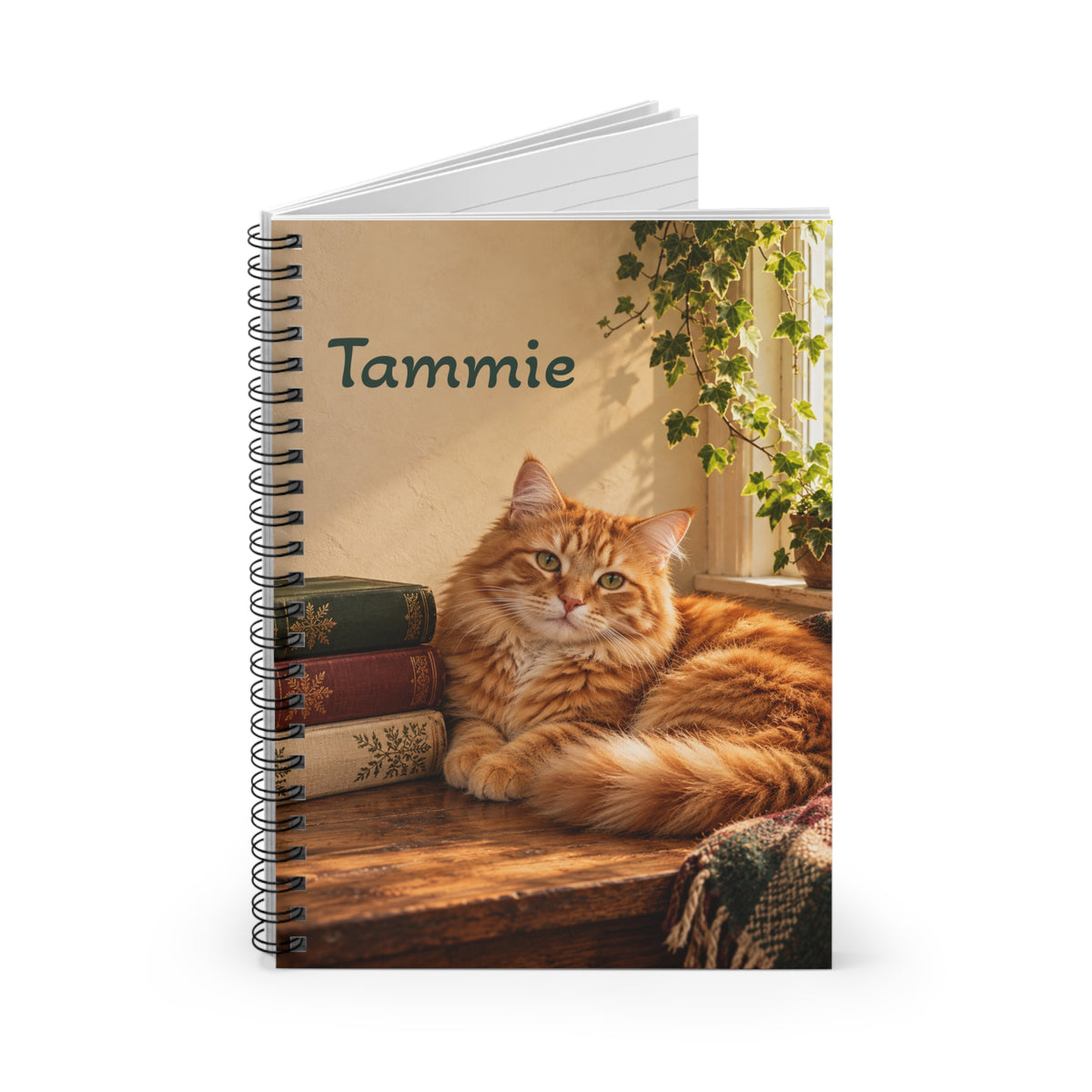 Personalized Cat Spiral Notebook | Orange Tabby & Books | Lined, 6 × 8