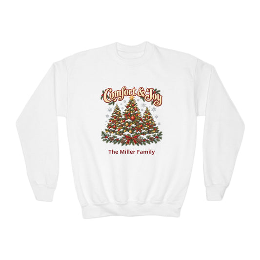 Personalized Comfort and Joy Christmas Youth Sweatshirt, Family Name Holiday Crewneck, Matching Family Christmas Trees