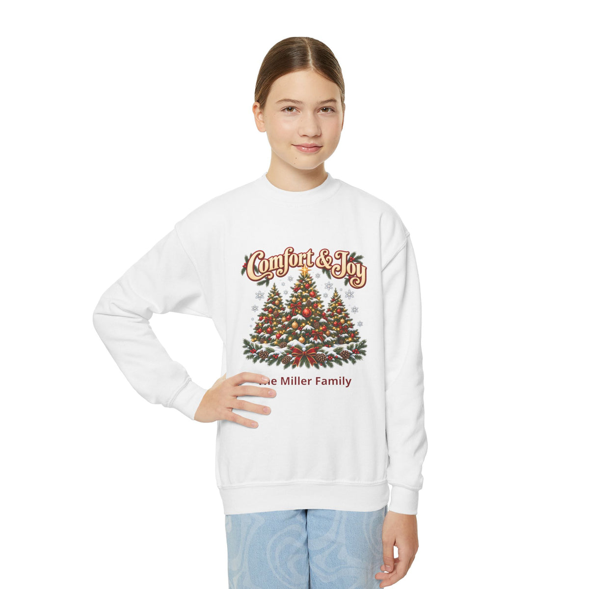 Personalized Comfort and Joy Christmas Youth Sweatshirt, Family Name Holiday Crewneck, Matching Family Christmas Trees