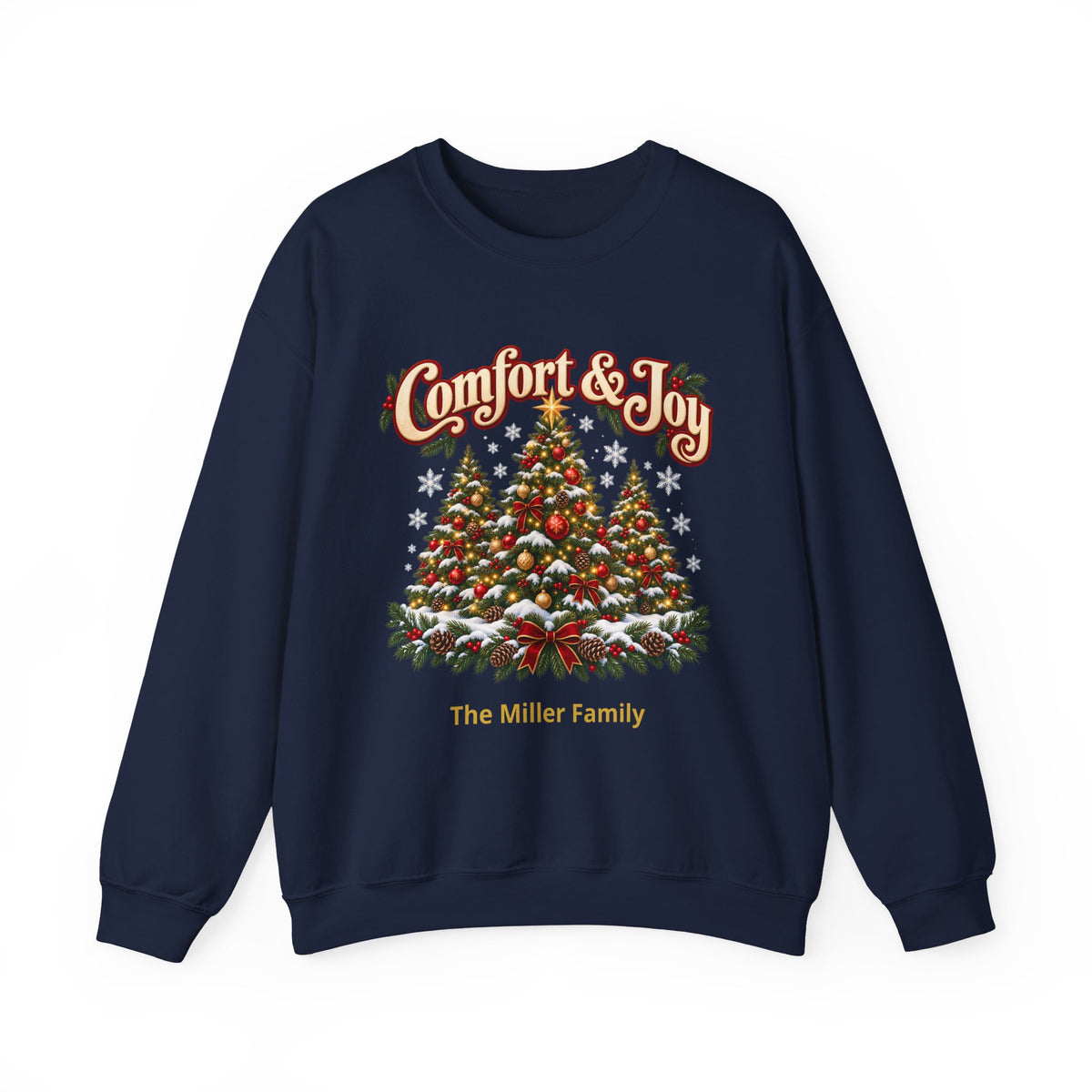 Personalized Comfort and Joy Christmas Sweatshirt, Family Name Holiday Crewneck, Matching Family Christmas Trees