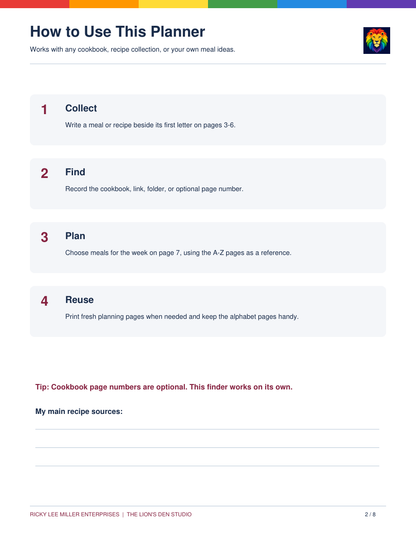 Instructions for recording recipe names, finding their sources, and choosing meals for the weekly plan