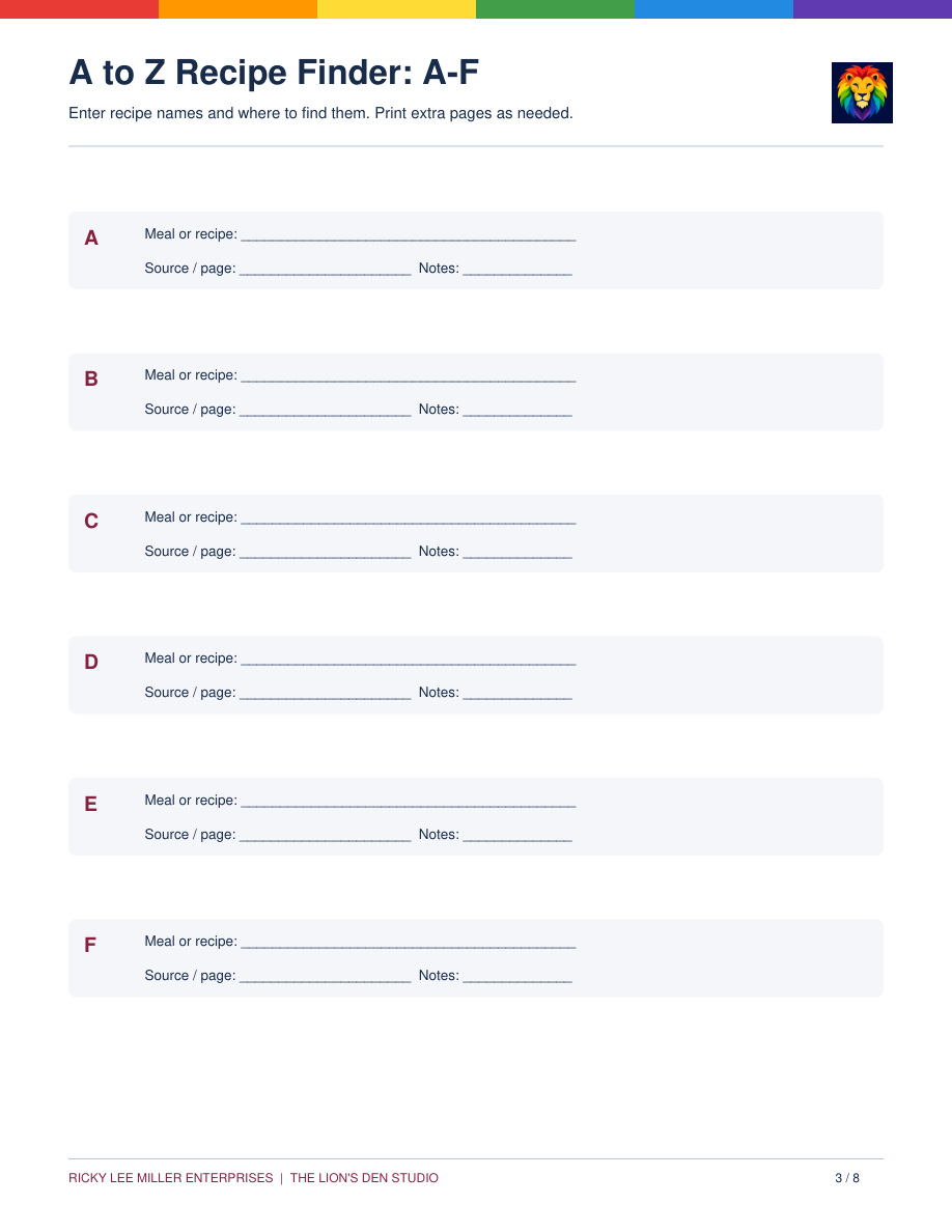 Instructions for recording recipe names, finding their sources, and choosing meals for the weekly plan