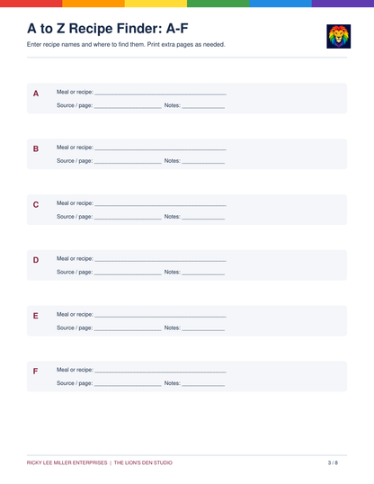 Instructions for recording recipe names, finding their sources, and choosing meals for the weekly plan
