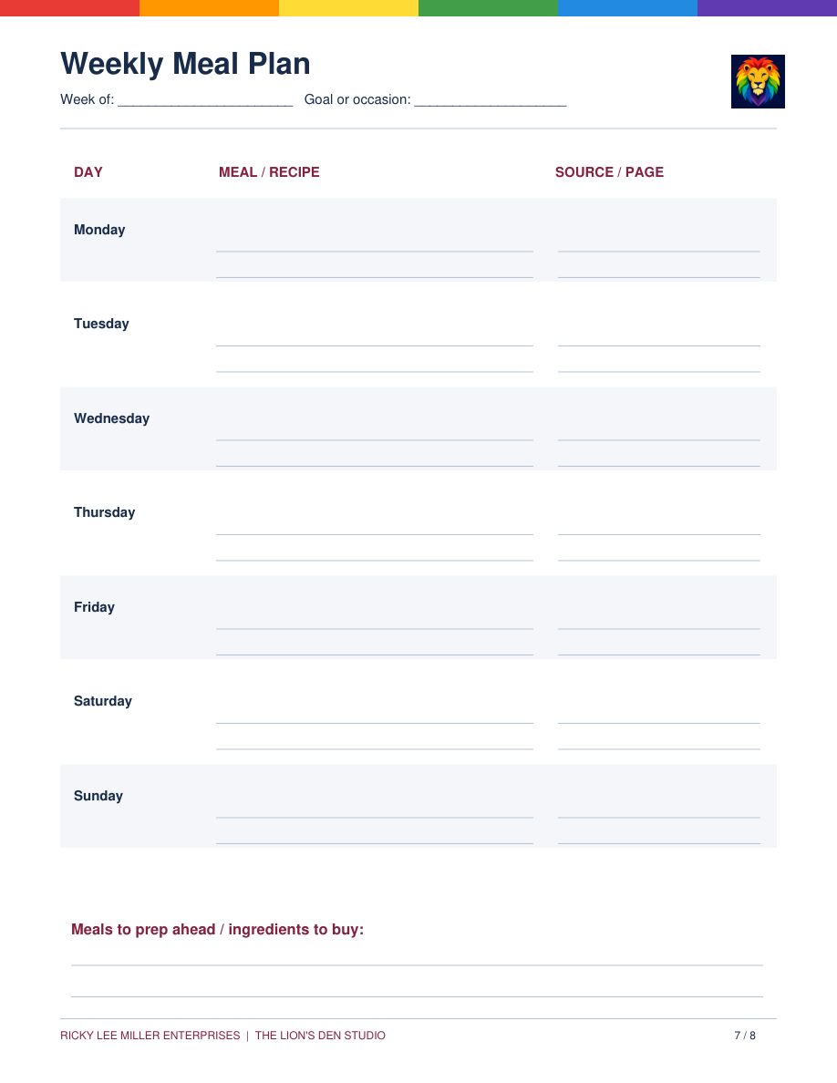 Weekly meal planning page with spaces for meals and their recipe sources from Monday through Sunday