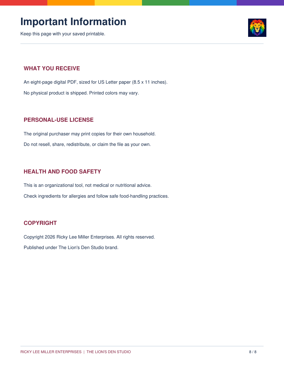 A to Z Meal Planner product information showing the eight-page US Letter printable PDF and personal-use details