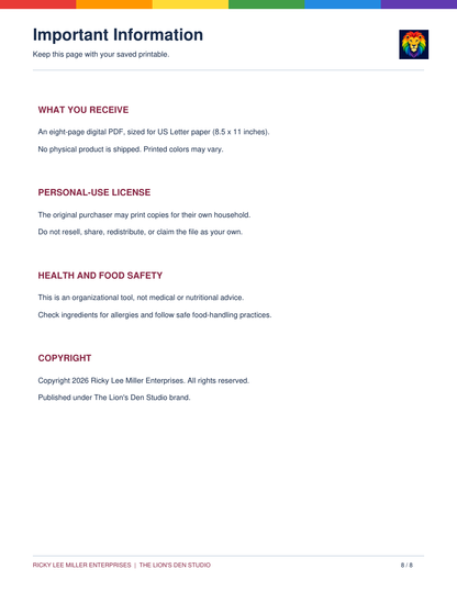 A to Z Meal Planner product information showing the eight-page US Letter printable PDF and personal-use details