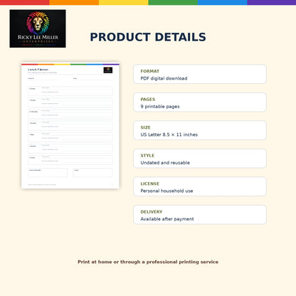 Lunch Planner digital download details showing nine PDF pages in US Letter size