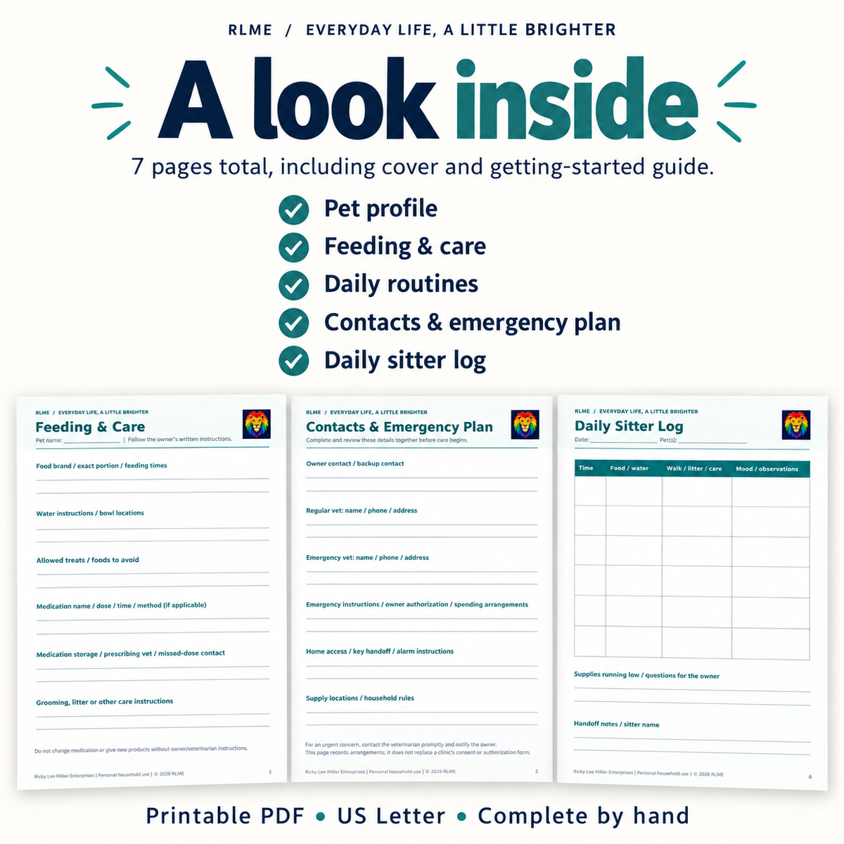 Pet Sitter Information Packet | 7-Page Printable Pet Care PDF