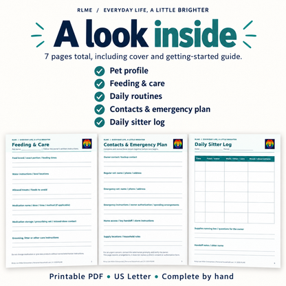 Pet Sitter Information Packet | 7-Page Printable Pet Care PDF
